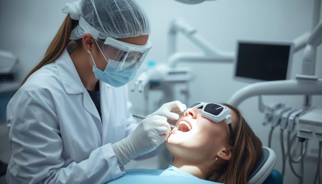 dentist doing patient cosmetic dentistry, both have eye covers