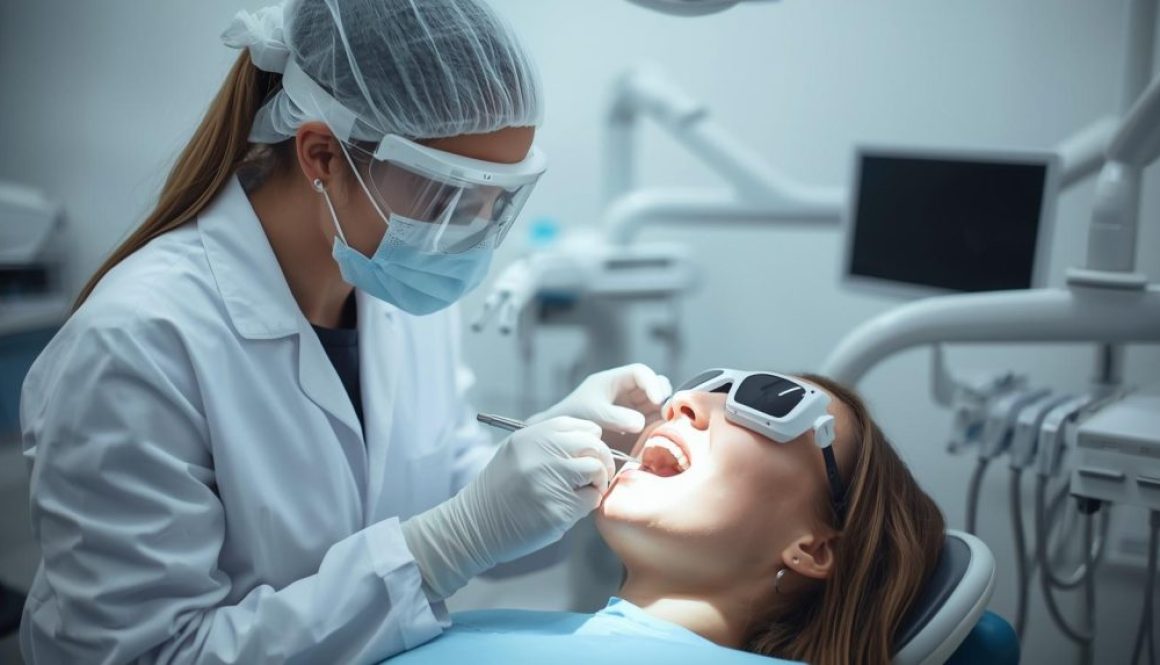 dentist doing patient cosmetic dentistry, both have eye covers