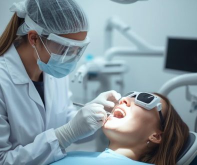 dentist doing patient cosmetic dentistry, both have eye covers